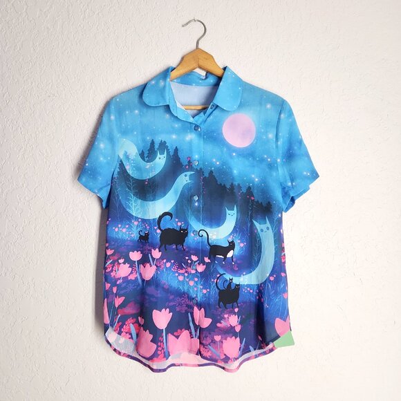 Blackmilk Kitty Parade Cute As A Button Shirt Cats Ghost size 14  XL US - Picture 3 of 7
